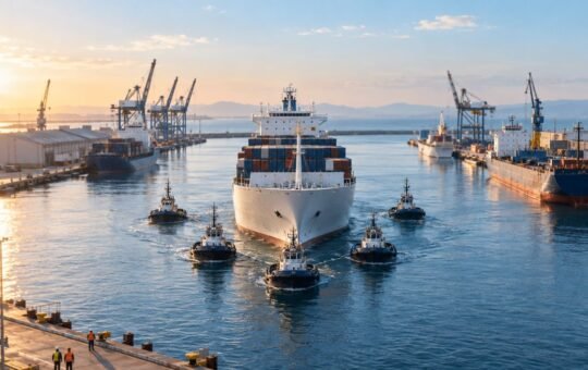 Photorealistic illustration: a white cargo ship eased into a busy harbor berth by five tugboats at sunrise
