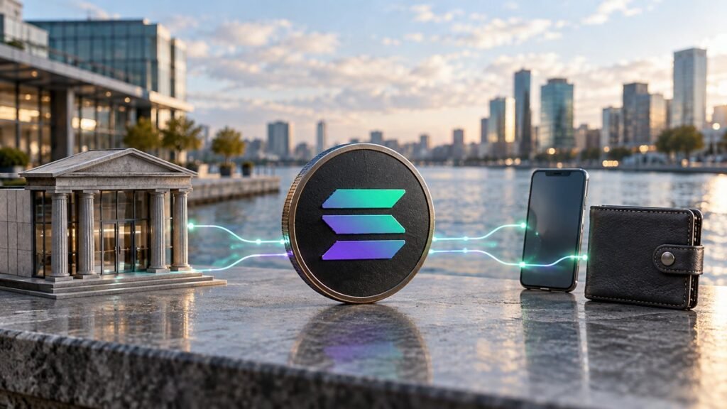 Photorealistic illustration: a large coin with the Solana mark stands on a granite ledge by the water, glowing lines linking it to a small columned bank on one side and a phone and wallet on the other.