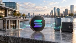 Photorealistic illustration: a large coin with the Solana mark stands on a granite ledge by the water, glowing lines linking it to a small columned bank on one side and a phone and wallet on the other.