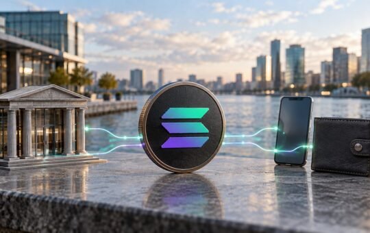 Photorealistic illustration: a large coin with the Solana mark stands on a granite ledge by the water, glowing lines linking it to a small columned bank on one side and a phone and wallet on the other.