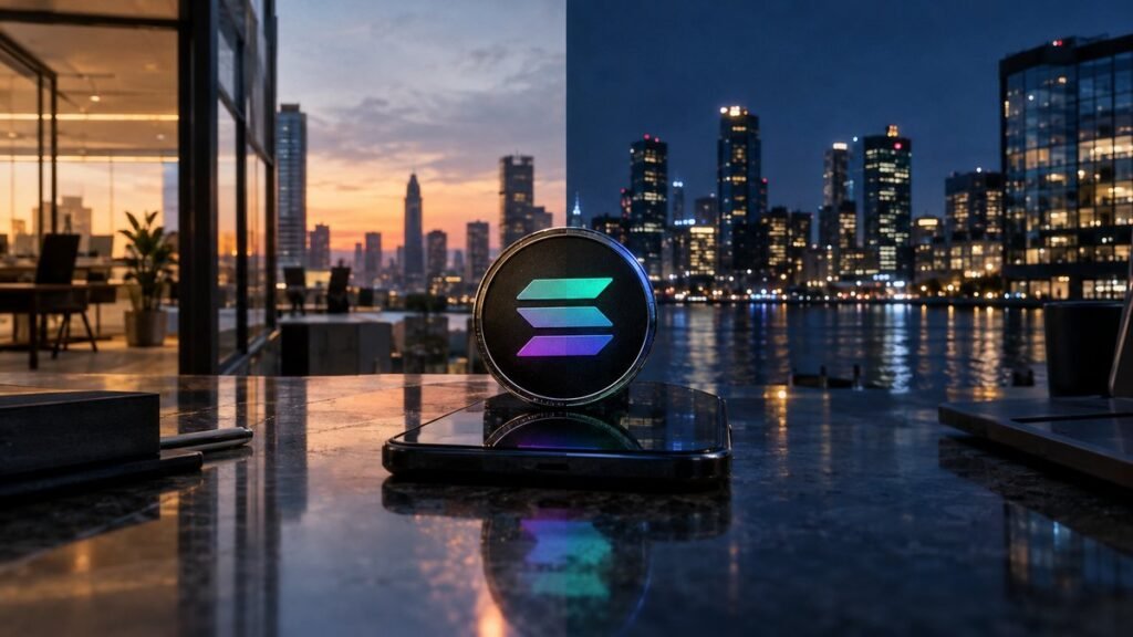 Photorealistic illustration: a coin with the Solana logo stands on a phone on a stone ledge, a lit office at dusk on one side and a night skyline over the water on the other.