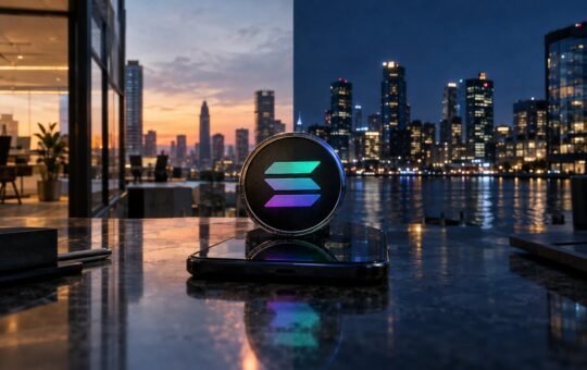 Photorealistic illustration: a coin with the Solana logo stands on a phone on a stone ledge, a lit office at dusk on one side and a night skyline over the water on the other.