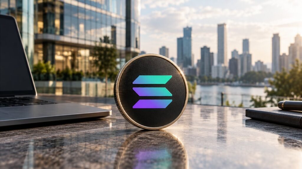 Photorealistic illustration: a single coin with the Solana logo stands on a stone terrace above a riverside financial district in late sun.
