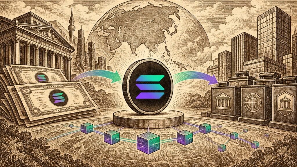 Engraved illustration of a coin with the Solana logo on a pedestal at the center, as note certificates flow from a bank on the left toward investor vaults on the right.
