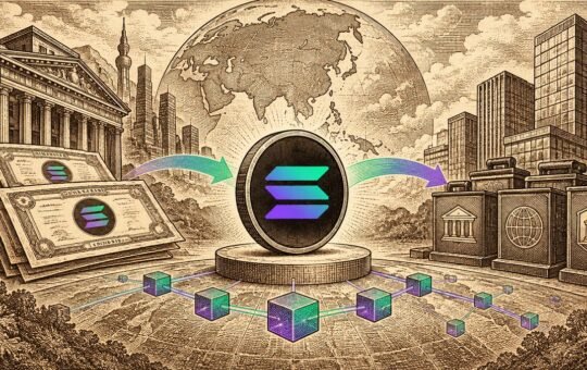 Engraved illustration of a coin with the Solana logo on a pedestal at the center, as note certificates flow from a bank on the left toward investor vaults on the right.