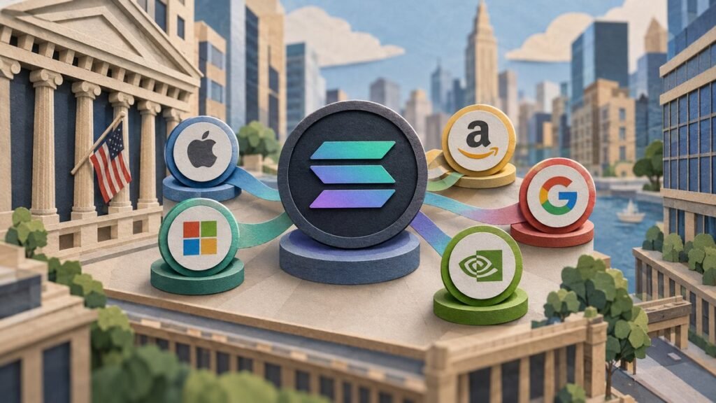 Paper-cut city scene with a large Solana coin on a rooftop plaza, linked by paper ribbons to smaller discs for stocks beside a columned exchange hall.