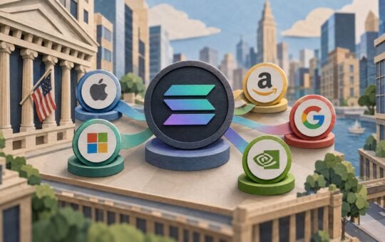 Paper-cut city scene with a large Solana coin on a rooftop plaza, linked by paper ribbons to smaller discs for stocks beside a columned exchange hall.