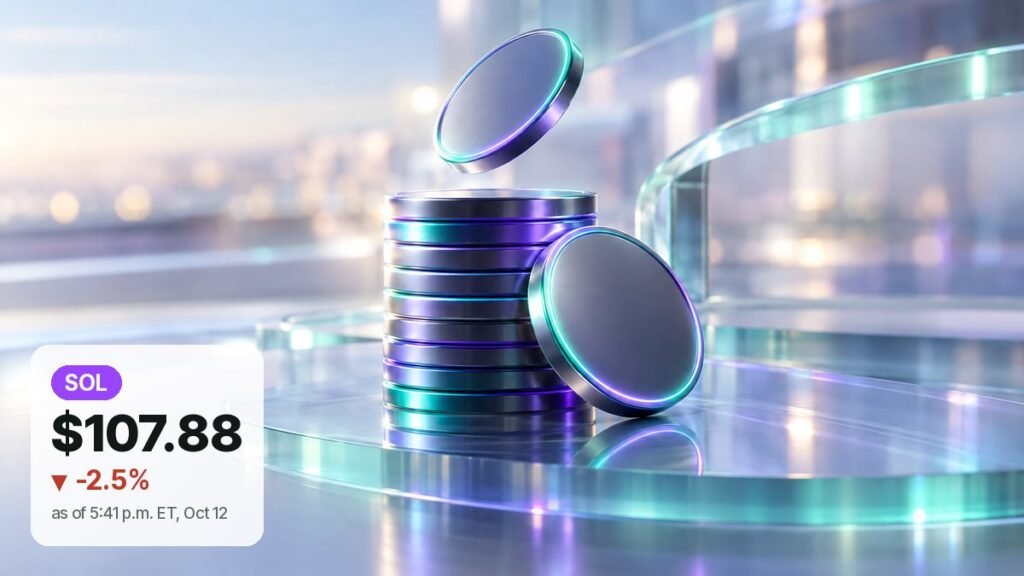 Sleek metallic coins with glowing purple and teal edges stack on a glass ledge as one more coin drops onto the pile