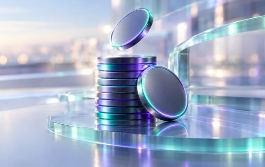 Sleek metallic coins with glowing purple and teal edges stack on a glass ledge as one more coin drops onto the pile
