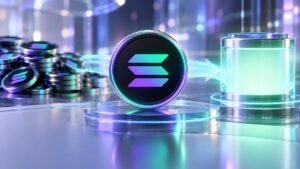 A large Solana coin stands on a glowing glass pedestal in the center, with stacked Solana coins on the left and a lit glass container on the right.