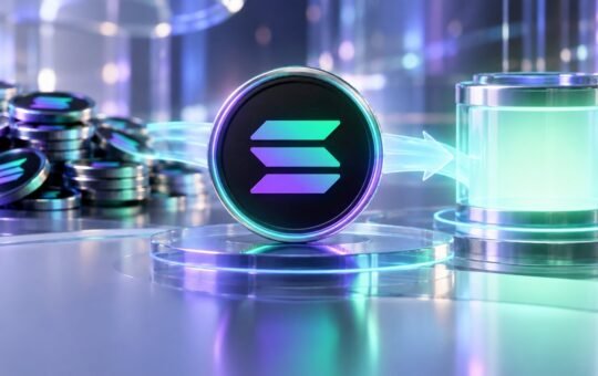A large Solana coin stands on a glowing glass pedestal in the center, with stacked Solana coins on the left and a lit glass container on the right.